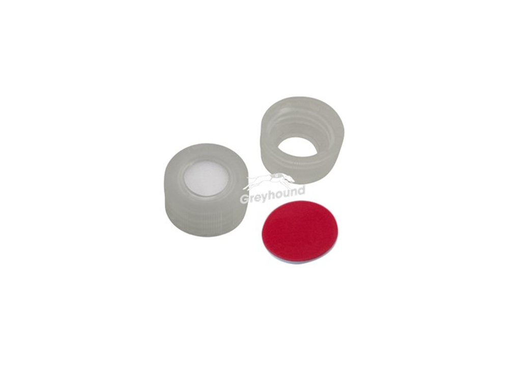 Picture of 9mm Open Top Screw Cap, Natural with Red PTFE/White Silicone Septa, Y-Pre-Cut, (Shore A 55)