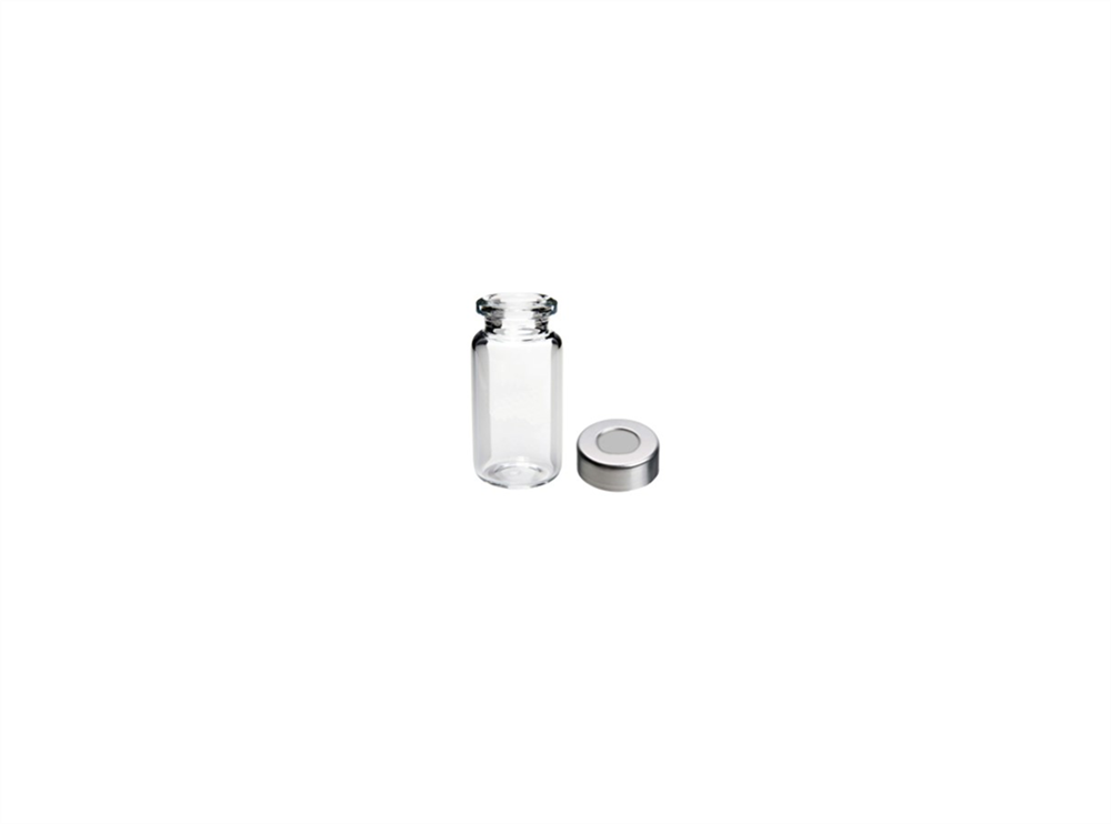 Picture of Vial Kit - P/Nos. 60-100277 and 60-113100  20mL Headspace Vial, Crimp Top, Clear Glass, Rounded Base + 20mm Aluminium Crimp Cap (Silver) with PTFE/Grey Butyl Septa