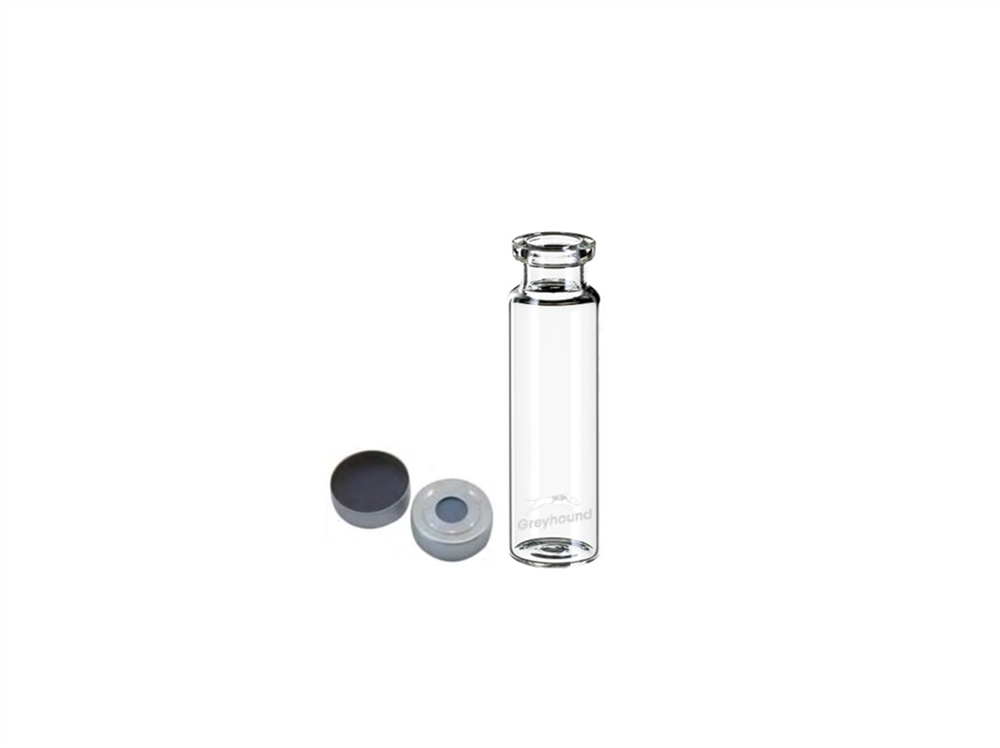 Picture of Vial Kit - P/Nos. 60-100245 + 60-113101  20mL Headspace Vial, Crimp Top, Clear Glass, Flat Base + 20mm Aluminium Headspace Crimp Cap (Silver) with Moulded PTFE/ Grey Butyl Septa, 3mm (Shore A 50)