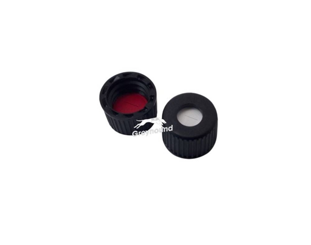 Picture of 9mm Open Top Screw Cap, Black with Bonded Red PTFE/White Silicone Septa, 1mm,  Pre-Slit