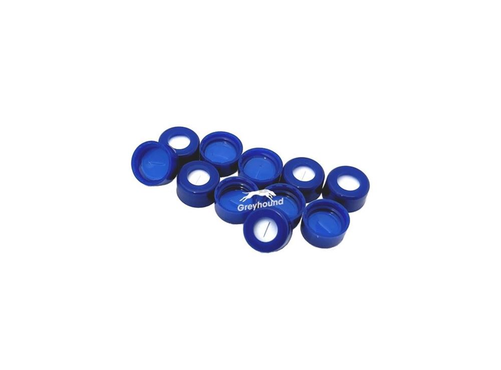 Picture of 9mm Open Top Screw Cap, Blue with Bonded Blue PTFE/White Silicone Septa, 1mm, Pre-Slit