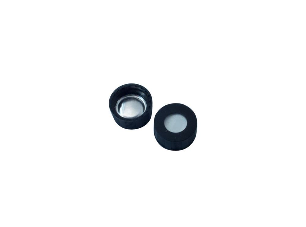 Picture of 9mm Open Top Screw Cap, Black with Aluminium Foil/White Silicone Septa, 1mm, (Shore A 50)