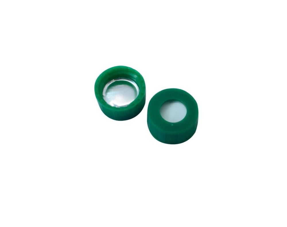 Picture of 9mm Open Top Screw Cap, Green with Aluminium Foil/White Silicone Septa, 1mm, (Shore A 50)