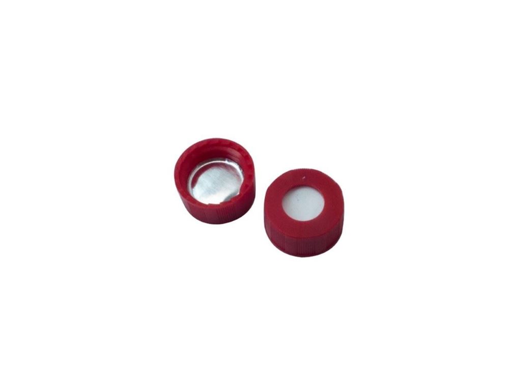 Picture of 9mm Open Top Screw Cap, Red with Aluminium Foil/White Silicone Septa, 1mm, (Shore A 50)