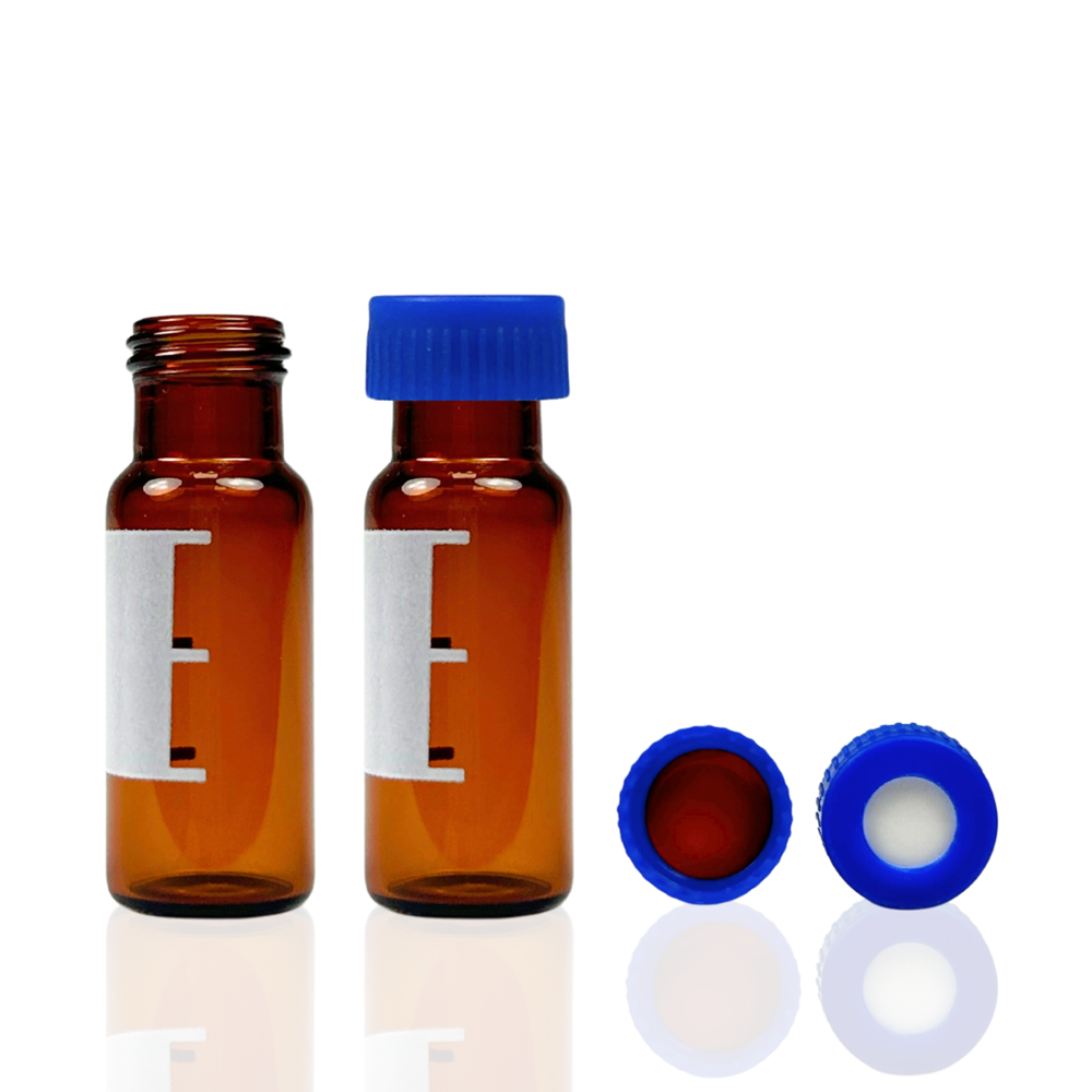 Picture of Vial Kit - P/Nos. 60-100120-A + 60-101048-B  2mL Wide Neck Screw Top Vial, Short Thread, Amber Glass with Graduated Write-on Patch + 9mm Blue Open Top Screw Cap with Red PTFE/White Silicone Septa, 1mm