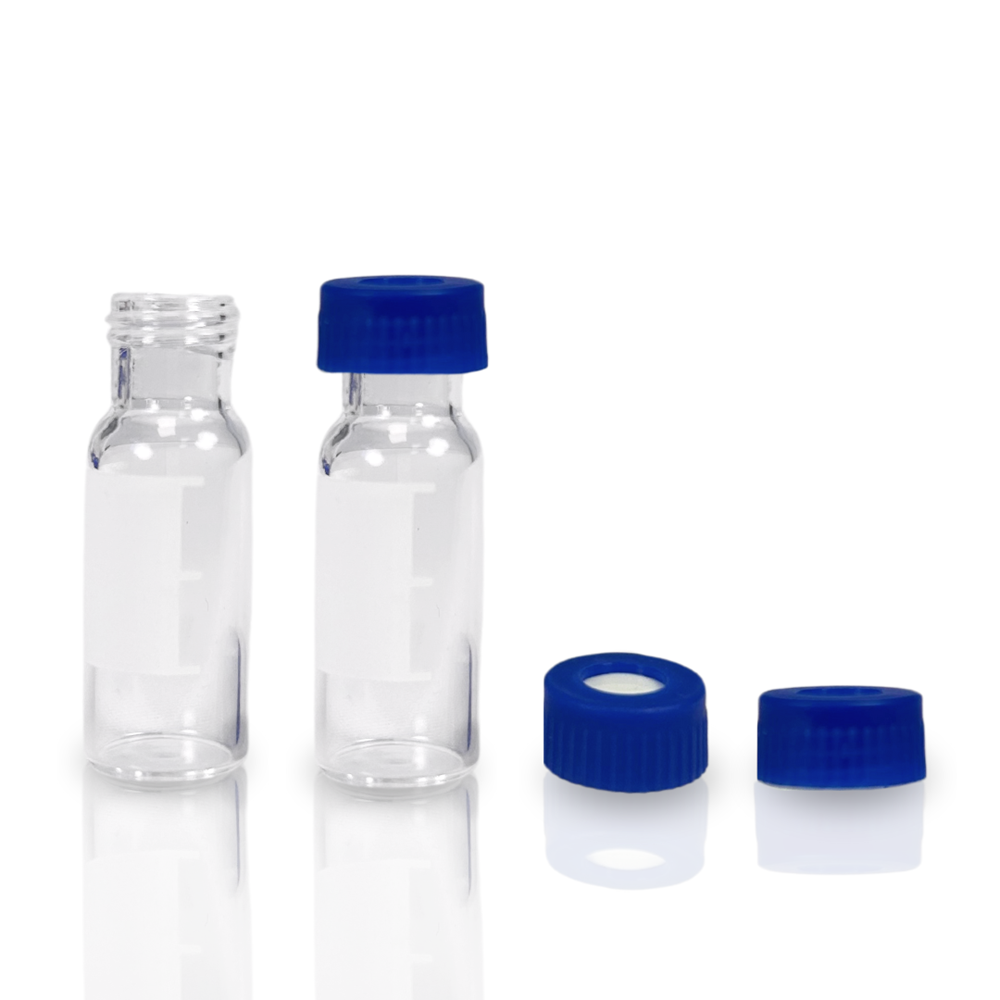 Picture of Vial Kit - P/Nos. 60-100120 60-101048-B 2mL Wide Neck Screw Top Vial, Short Thread, Clear Glass with Graduated Write-on Patch 9mm Blue Open Top Screw Cap with Red PTFE/White Silicone Septa