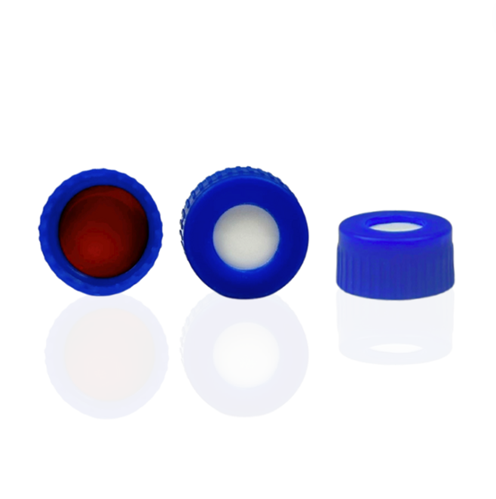 Picture of 9mm Open Top Screw Cap, Blue with Red PTFE/White Silicone Septa, 1mm, (Shore A 55)
